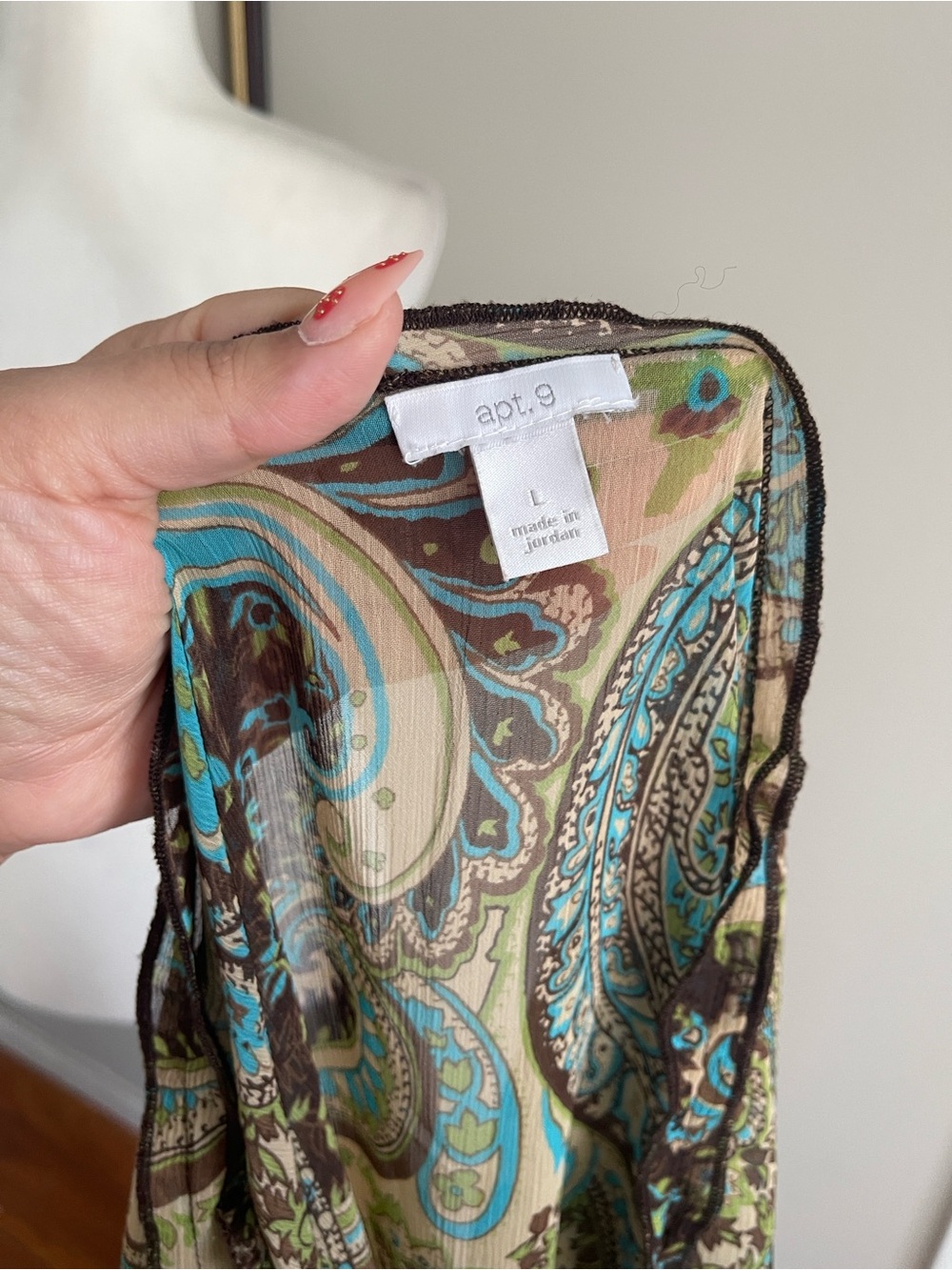 Apt. 9 Teal and Brown Paisley Sheer Ruffle V-Neck Blouse - Picture 6 of 7